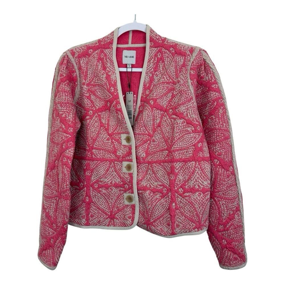Nic Zoe Quilted Cardigan Jacket Sz Medium Jet Set Pink Cotton Blend Stretch